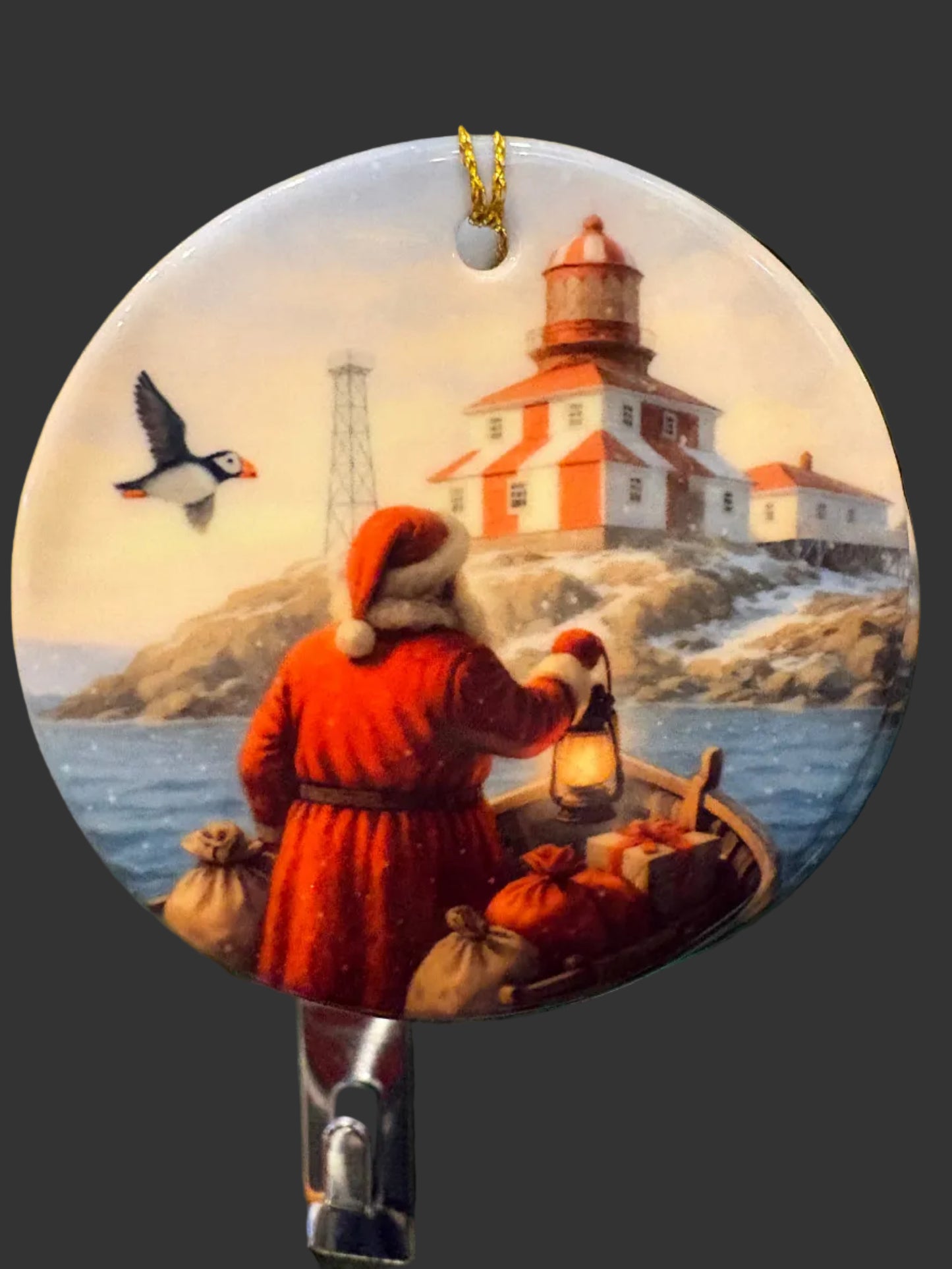 Santa and Puffin with the Bonavista Light House Ornament.