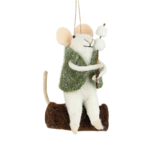 Felt mouse ornament in a green vest roasting marshmallows, 4.5 in