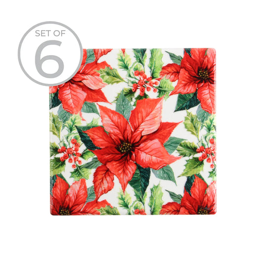 Poinsettia Textured Printed Ceramic Coaster S/6 Red