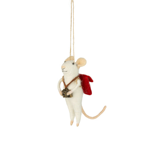 Felt photographer mouse, holding a camera with a red backpack, 4.5 inches