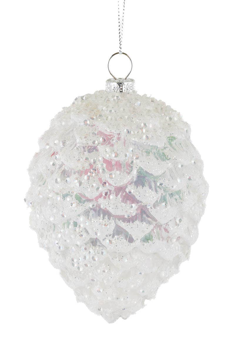 White Frosted Pinecone Ornament With Cardinal Decal