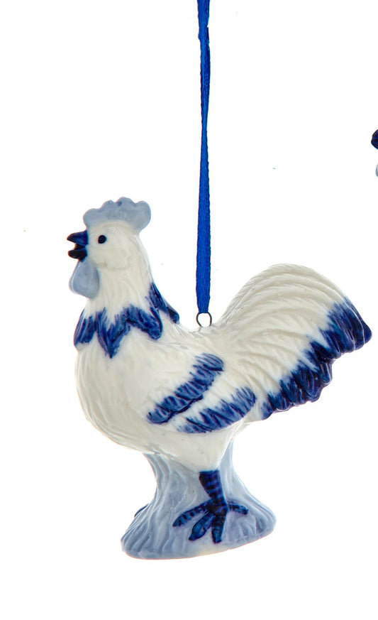 3" Blue and White Rooster & Hen Porcelain Chicken Ornaments