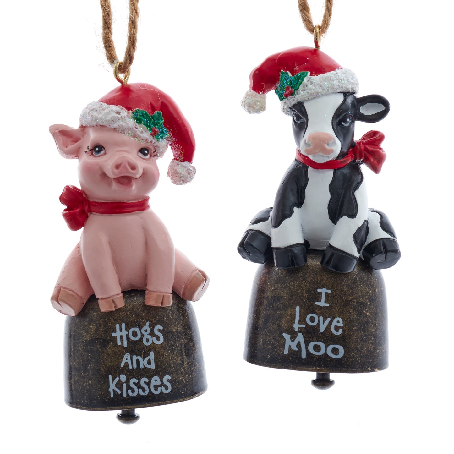 Calf & Piglet Farm Bell Ornaments, 2 Assorted