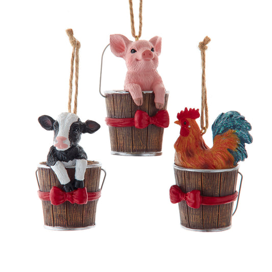 Farm Animals In Bucket Ornaments, 3 Assorted