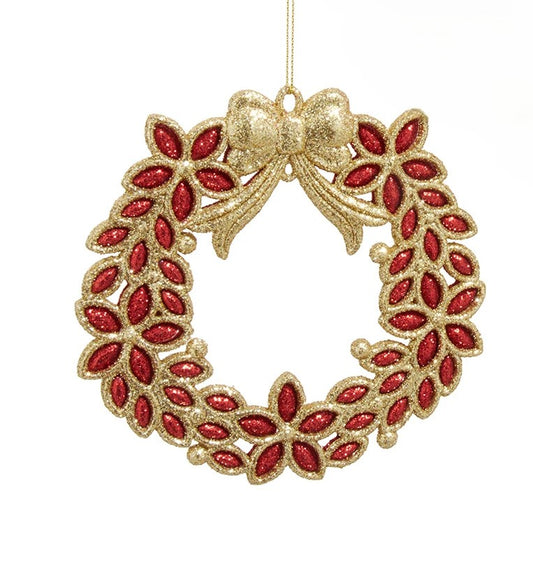 Sparkly Red & Gold Wreath With Bow Ornament