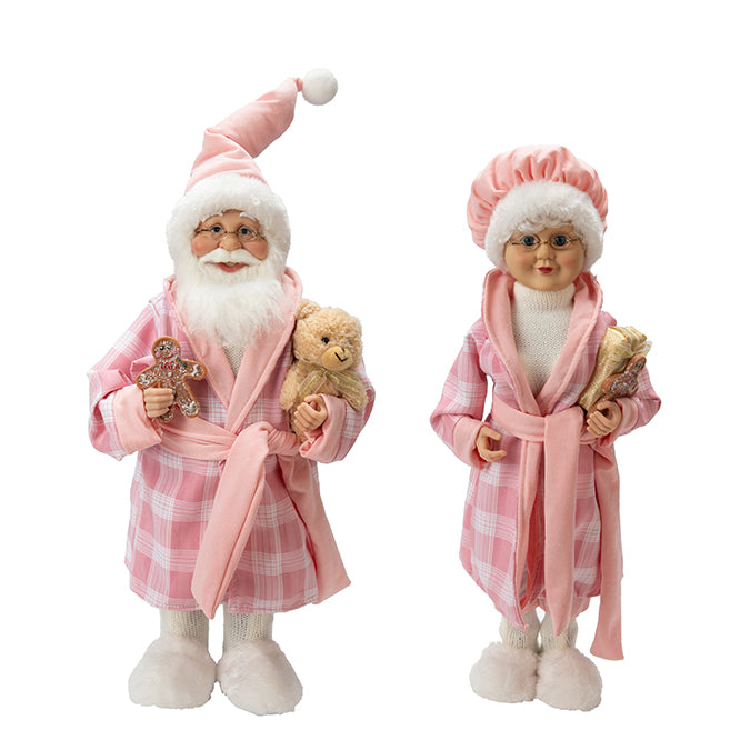 FABRIC STANDING FIGURE IN PINK BATHROBE & WHITE FUR SLIPPERS 45CM, 2 ASSORTED: MR. & MRS. CLAUS