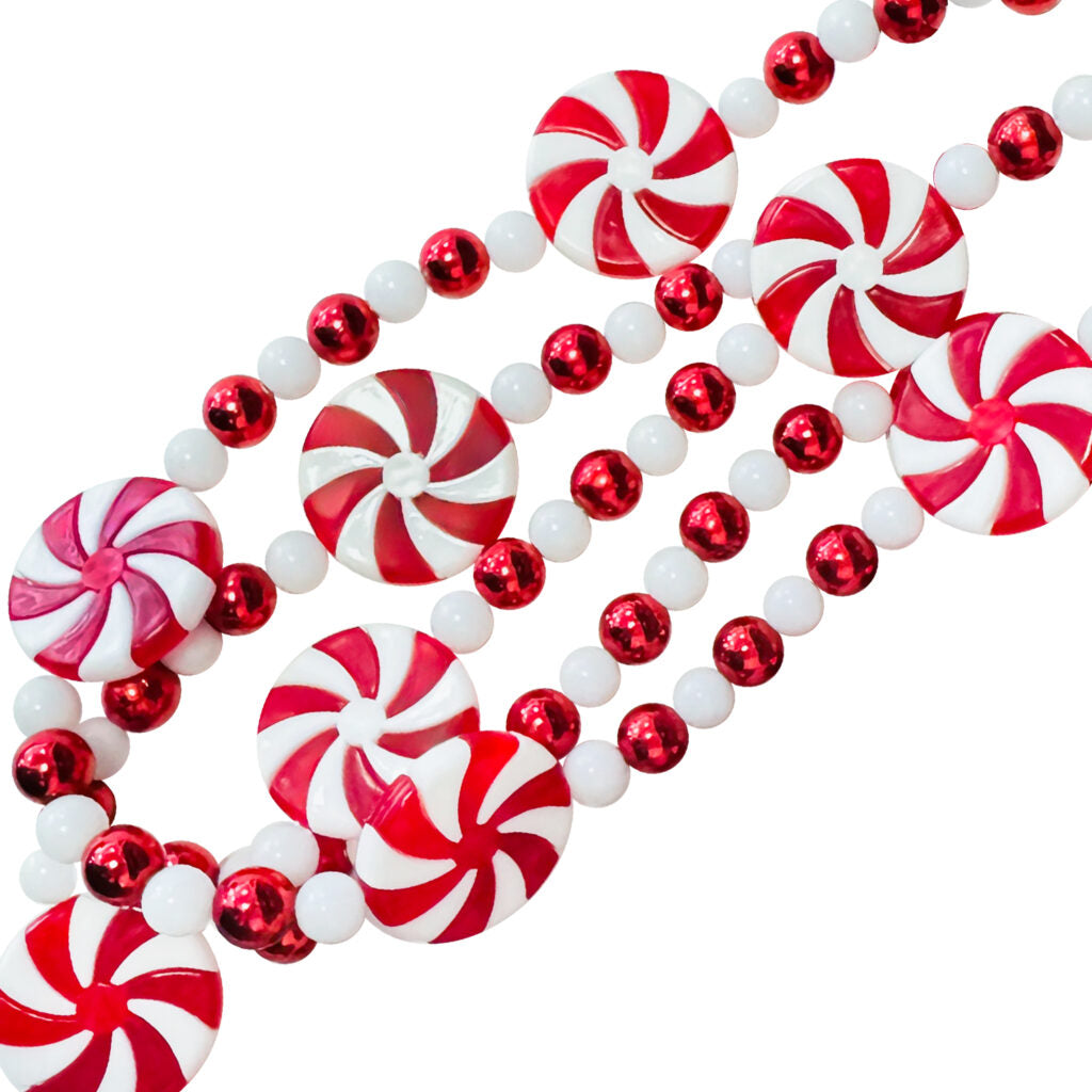 CANDY GARLAND 96″/8FT RED/ WHITE SWIRL ROUND BEADS