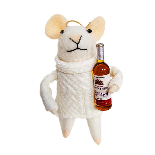 ORNAMENT WOOL MOUSE 4.5″ IVORY SWEATER W/ WINE BOTTLE