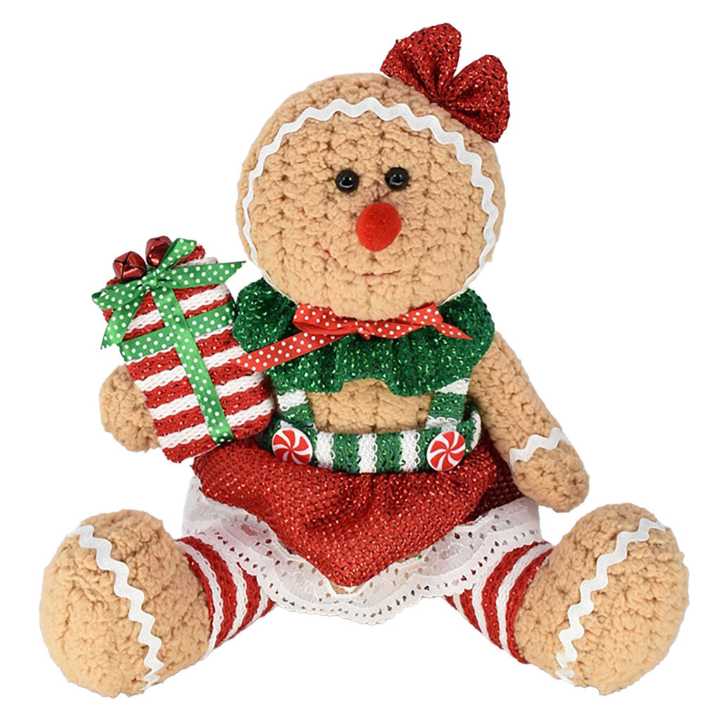 PLUSH GINGERBREAD GIRL SITTING 9″ W/GIFT RED/BROWN