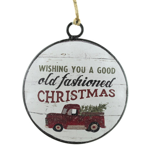 METAL DISC 4″ W/RED TRUCK ORNAMENT