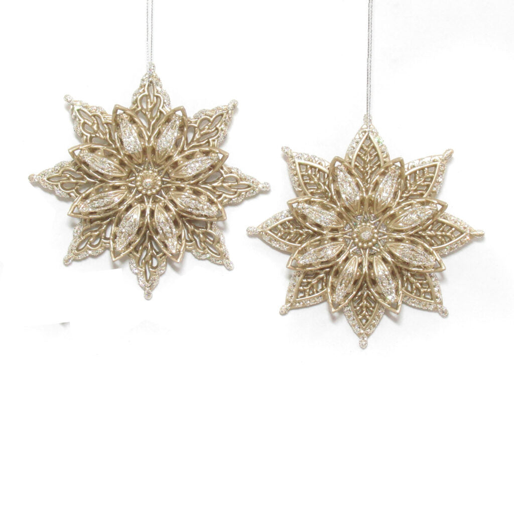 CHAMPAGNE SNOWFLAKES 5″ W/ SILVER GLITTER, SET OF 2 CHRISTMAS