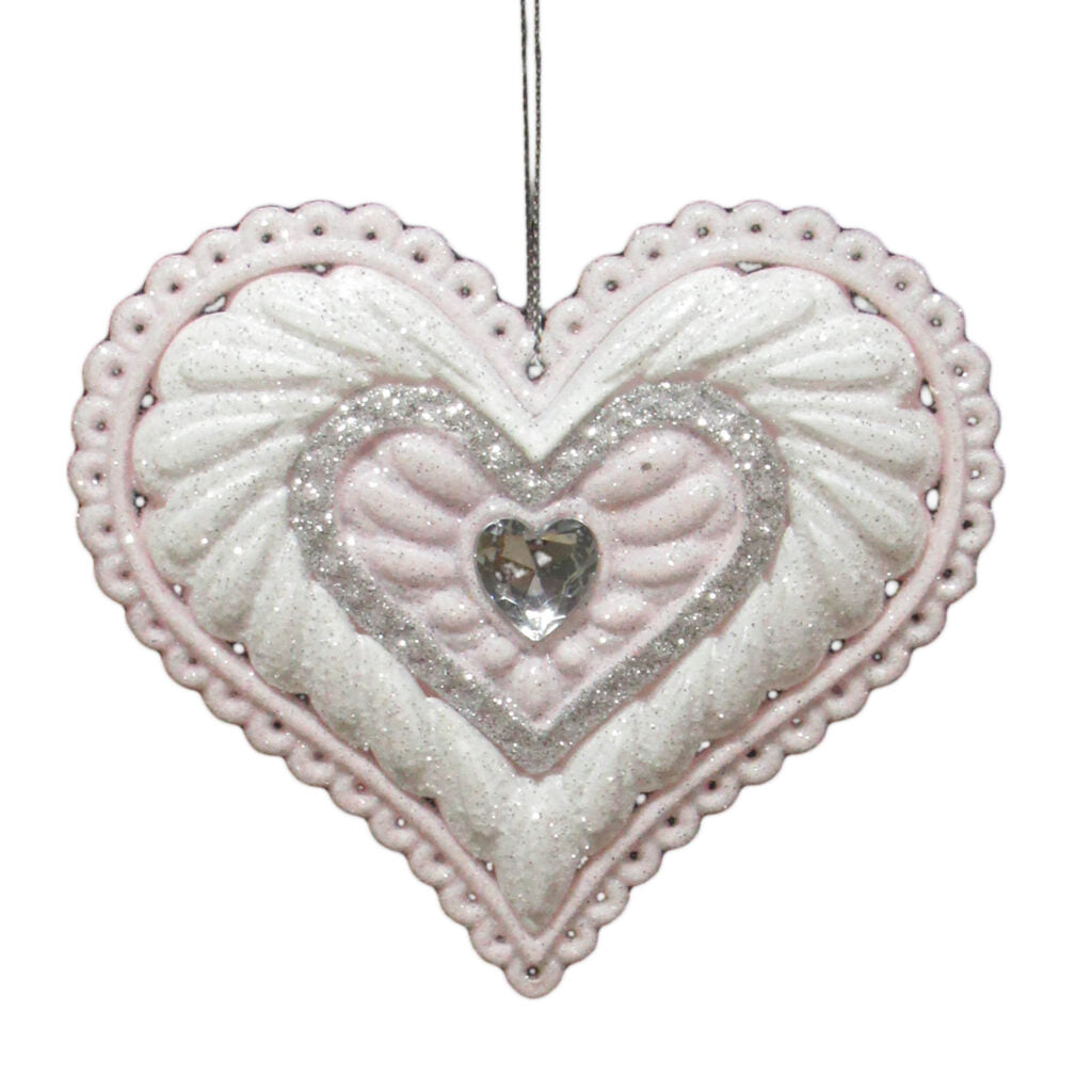 PINK/ WHITE ICE HEART 4″ W/ JEWEL & GLITTER ORNAMENT