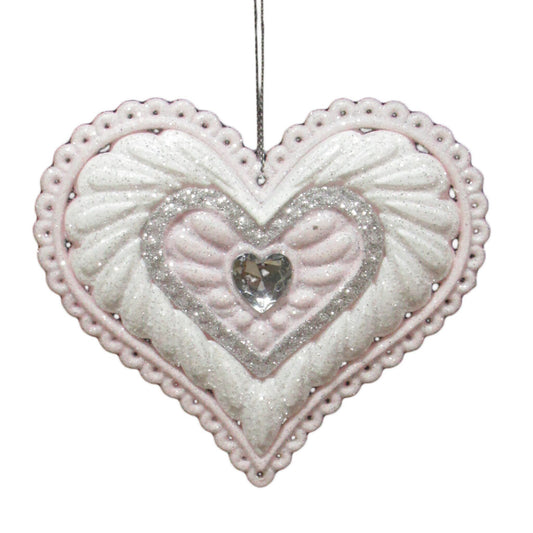 PINK/ WHITE ICE HEART 4″ W/ JEWEL & GLITTER ORNAMENT