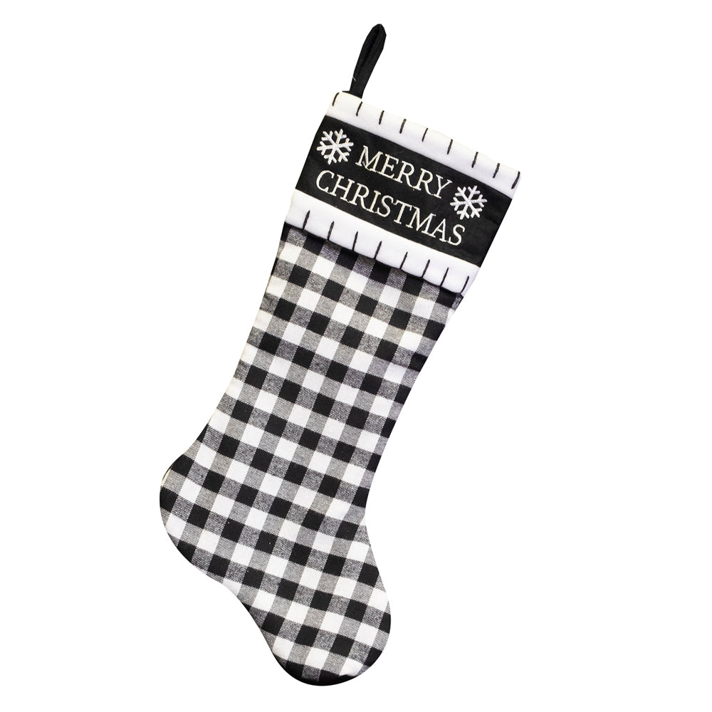STOCKING 20.5″ BLACK/ WHITE BUFFALO PLAID W/ MERRY CHRISTMAS