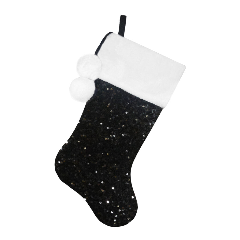 STOCKING 20.5″ BLACK SEQUINS W/ FAUX FUR CUFF & POM POMS