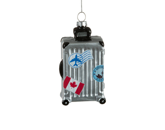 4" Grey Glass Suitcase Ornament w/Travel Decals