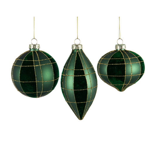 3 Assorted 8CM Green Ornaments with Gold Trim (Set of 3)
