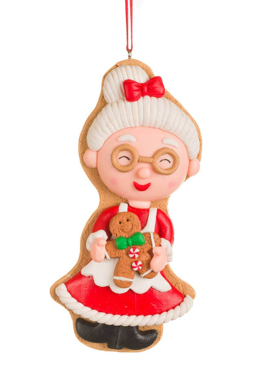 NEW-Red/White Mrs. Claus With Gingerbread Man Ornament
