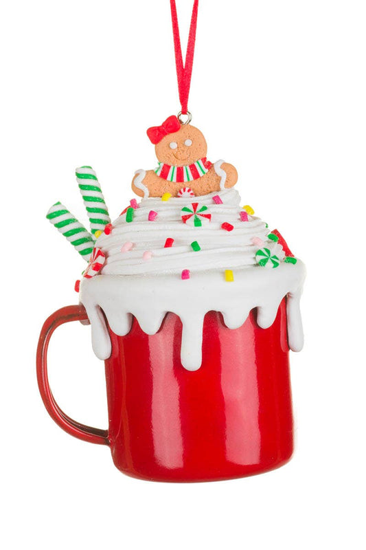 NEW-Red/White Hot Chocolate Ornament With Gingerbread Woman