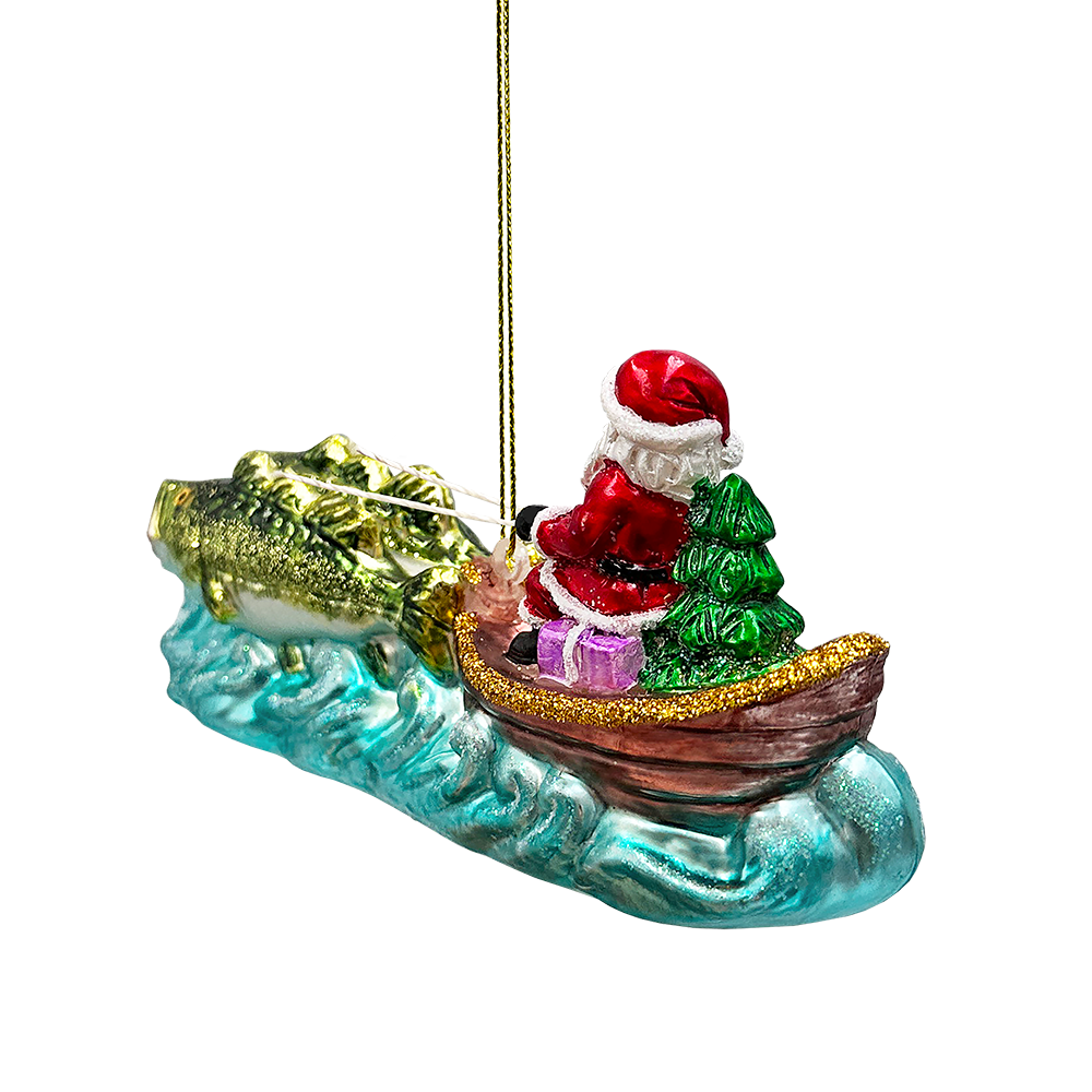 Santa's Fishing Adventure Glass Christmas Ornament