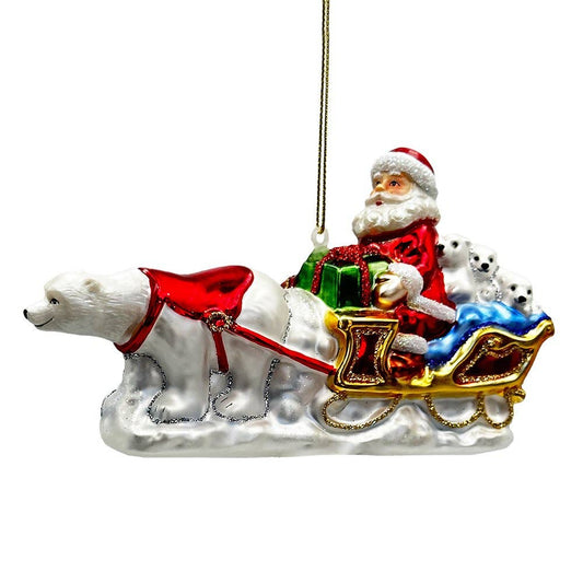 Polar Bear Santa Sleigh Glass Christmas Ornament