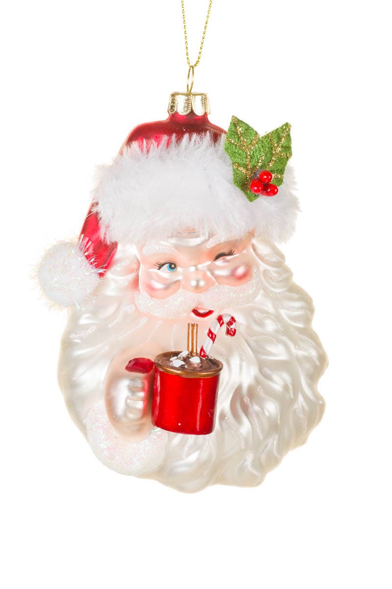 White Winking Santa Head Ornament With Hot Cocoa