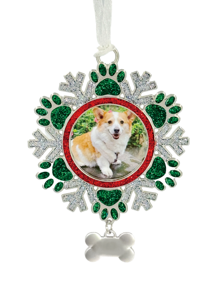 Frame Ornament - Pawprint Snowflake with bone-shaped charm