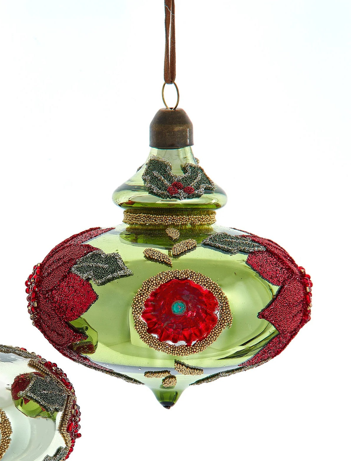 Glass Red & Olive Reflector Finial Ornament