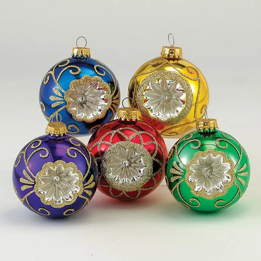 60MM Glass Multicolored Reflector Ornaments, 5-Piece Box