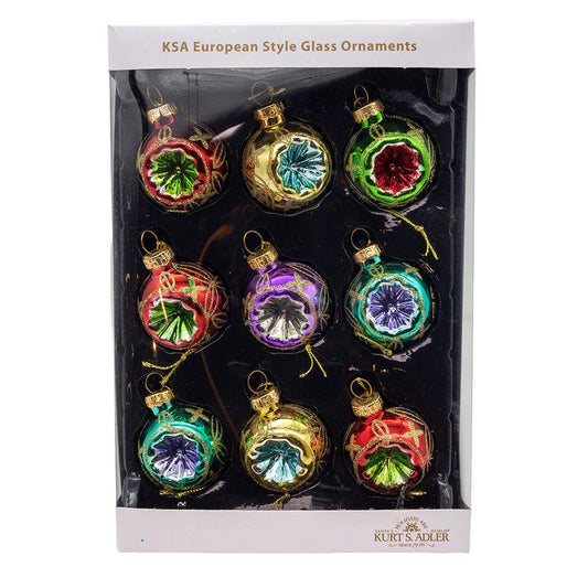 45MM Miniature Multicolored Glass Reflector Ornaments, 9-Piece Box