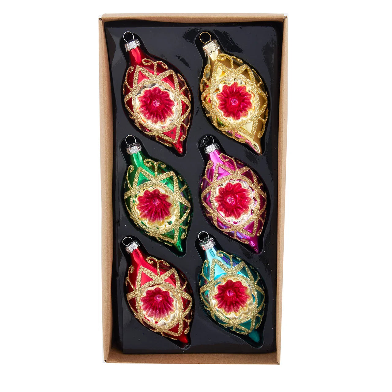 88MM Glass Multicolor Reflector With Gold Glitter Drop Ornament Set, 6-Pieces