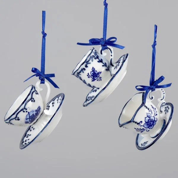 Delft Blue Cup and Saucer Ornaments, 3 Assorted