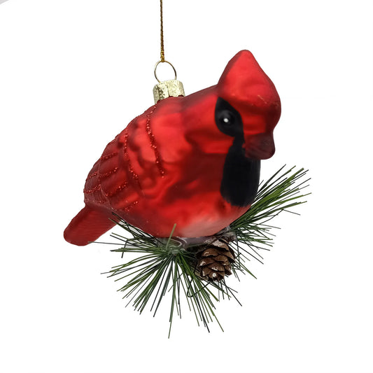 GLASS RED CARDINAL 5"X2"X2" ON BRANCH ORNAMENT