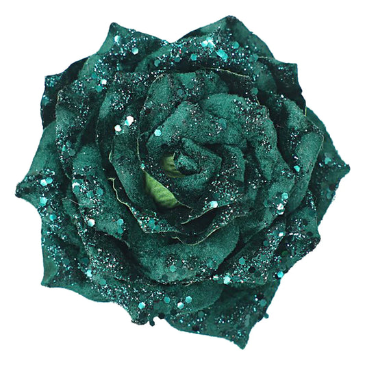 ROSE HEAD GREEN /EMERALD 4.5" VELVET W/ GLITTER & CLIP