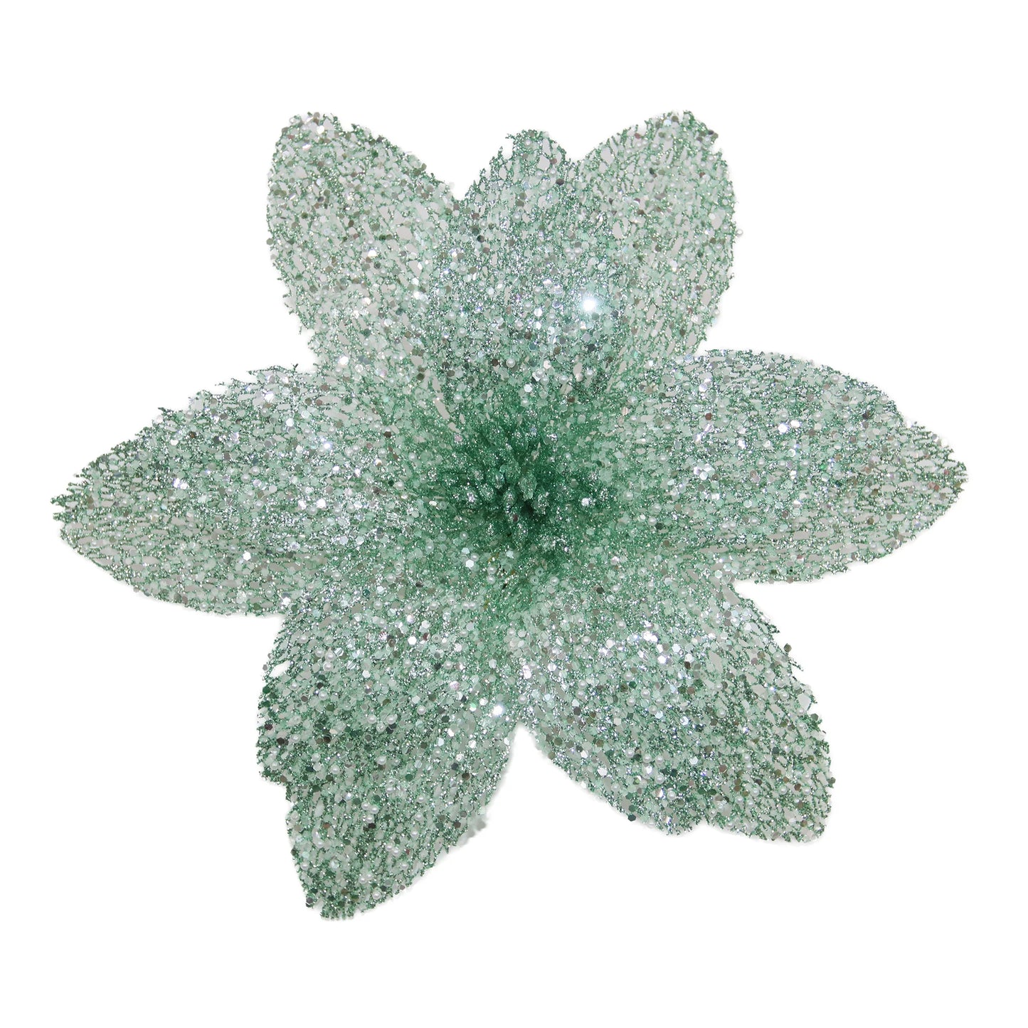 POINSETTIA HEAD MINT GREEN 12″ MESH W/ GLITTER