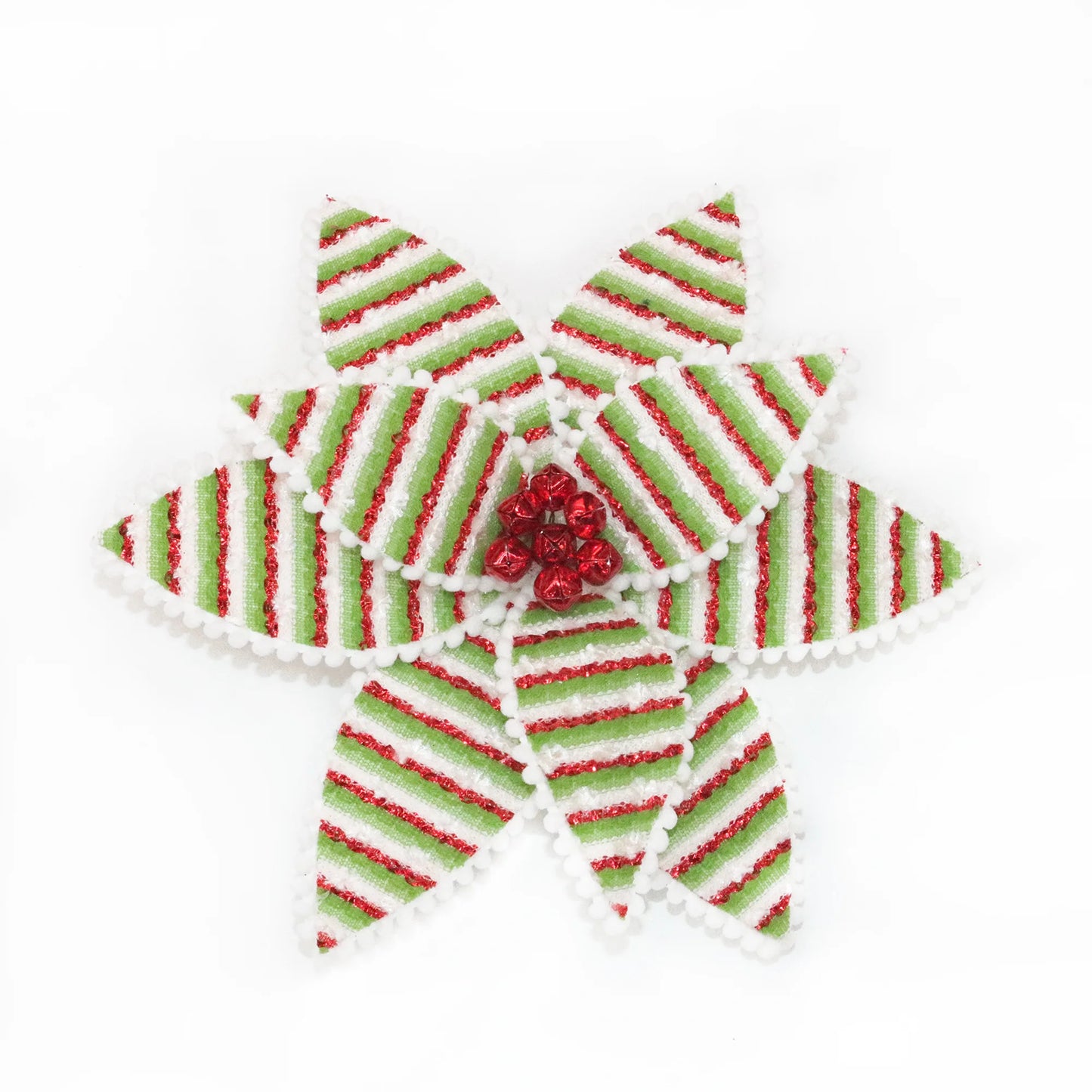 POINSETTIA HEAD ELF/GRINCH RED/WHT/GREEN 11″ VELVET FUR STRIPES W/ BELL CENTER