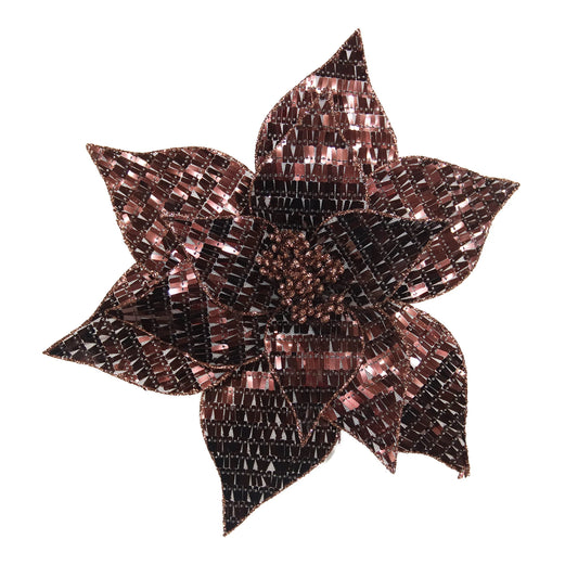 POINSETTIA HEAD BROWN/CHOCOLATE FABRIC SEQUINS WITH GLITTER 12″