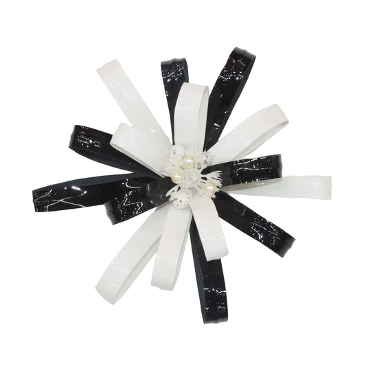 FLOWER HEAD BLACK/WHITE 10″ PATENT LEATHER SHINY W/ BEADS & GLITTER CENTER