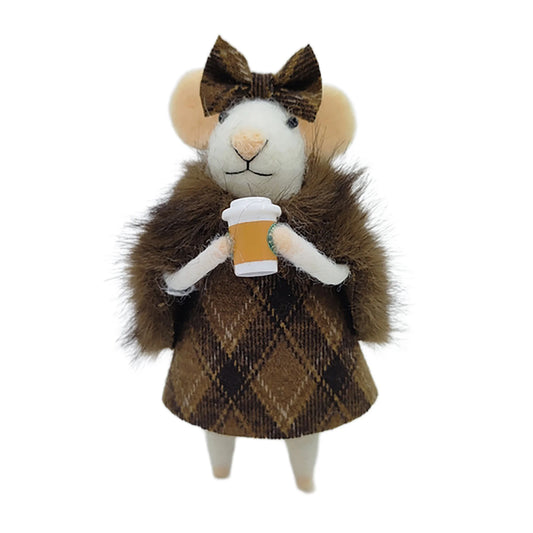 WOOL MOUSE 2.5"X5" BROWN COAT HOLDING A COFFEE CUP ORNAMENT