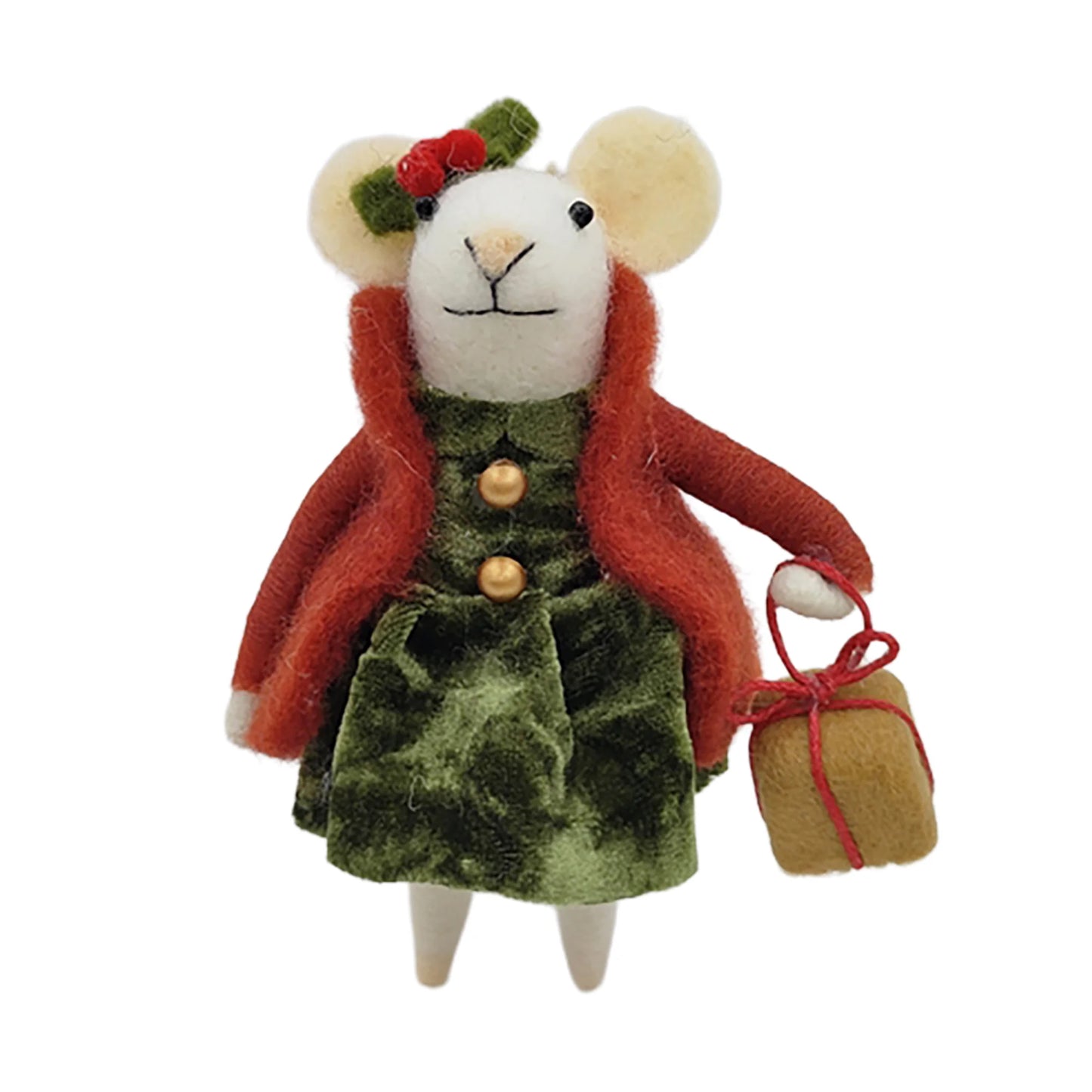 WOOL MOUSE 3.5"X4.5" GREEN & RED OUTFIT W/HOLDING A BROWN GIFT ORNAMENT