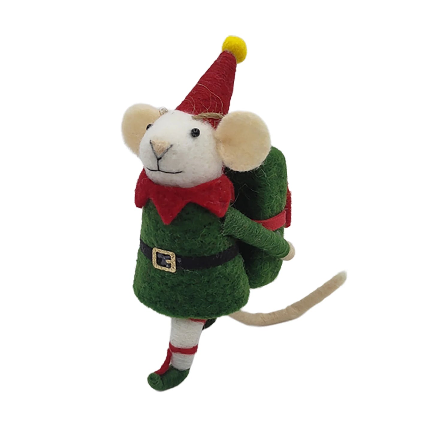 WOOL MOUSE 3"X5" GREEN ELF SUIT W/BROWN BACKPACK ORNAMENT