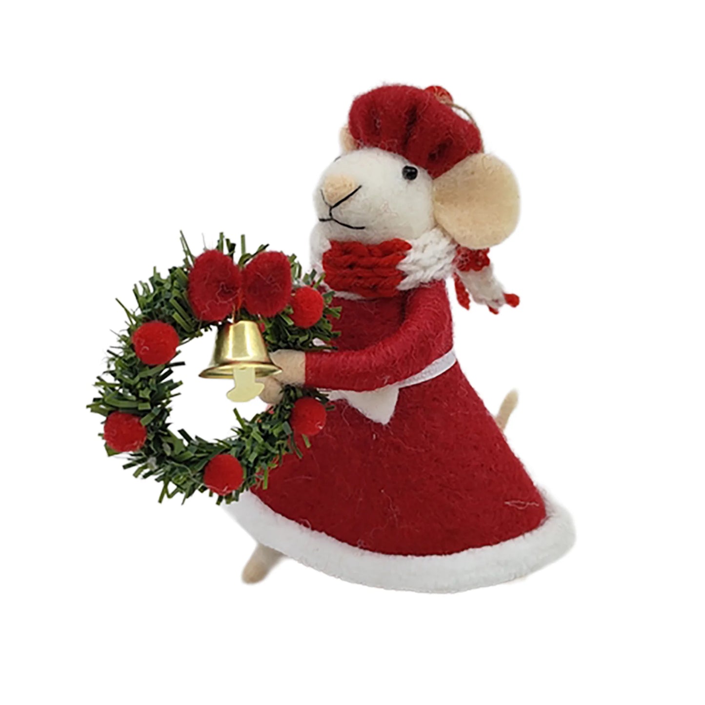 WOOL MOUSE 4"X5" RED DRESS HOLDING A GREEN HOLLY WREATH ORNAMENT