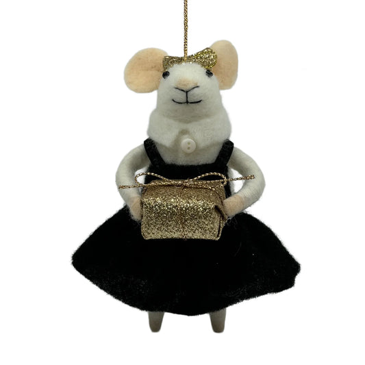 WOOL MOUSE 4"X5" BLACK DRESS HOLDING A GOLD GIFT BOX ORNAMENT