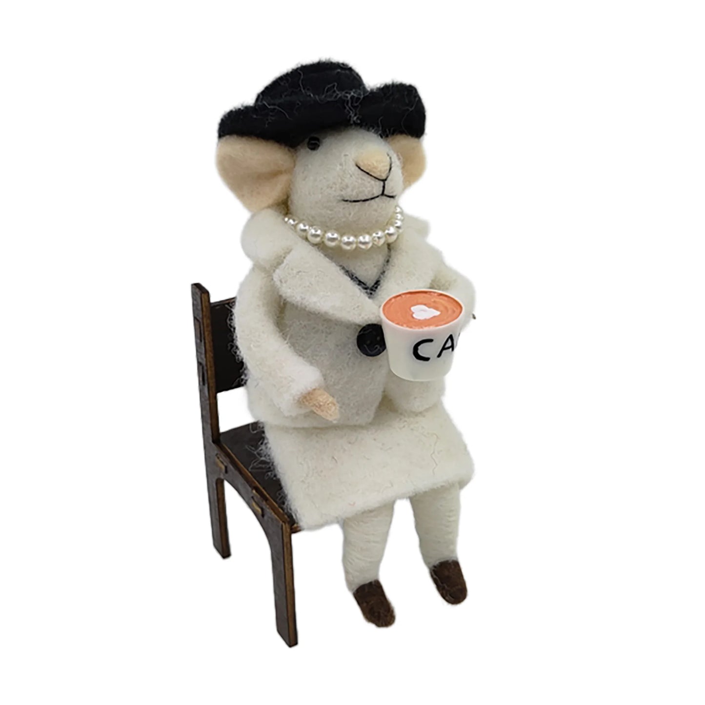 WOOL MOUSE 2.5"X5.5" WHITE COAT SITTING HOLDING A CUP ORNAMENT