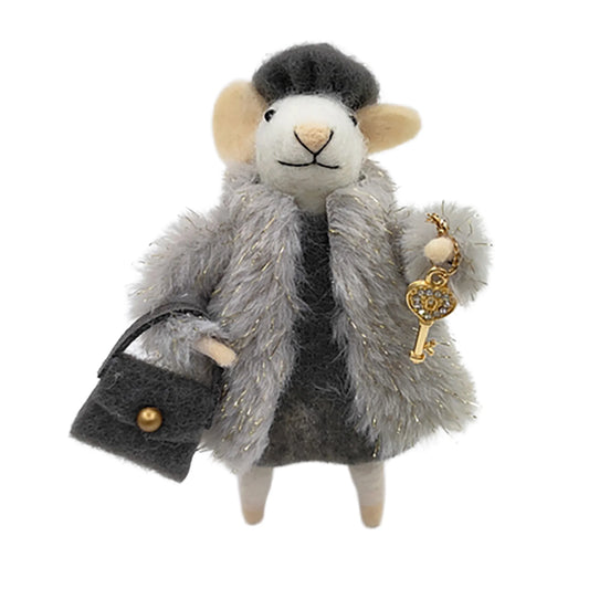 WOOL MOUSE 3"X5" GREY FUR COAT W/A BROWN HANDBAG ORNAMENT