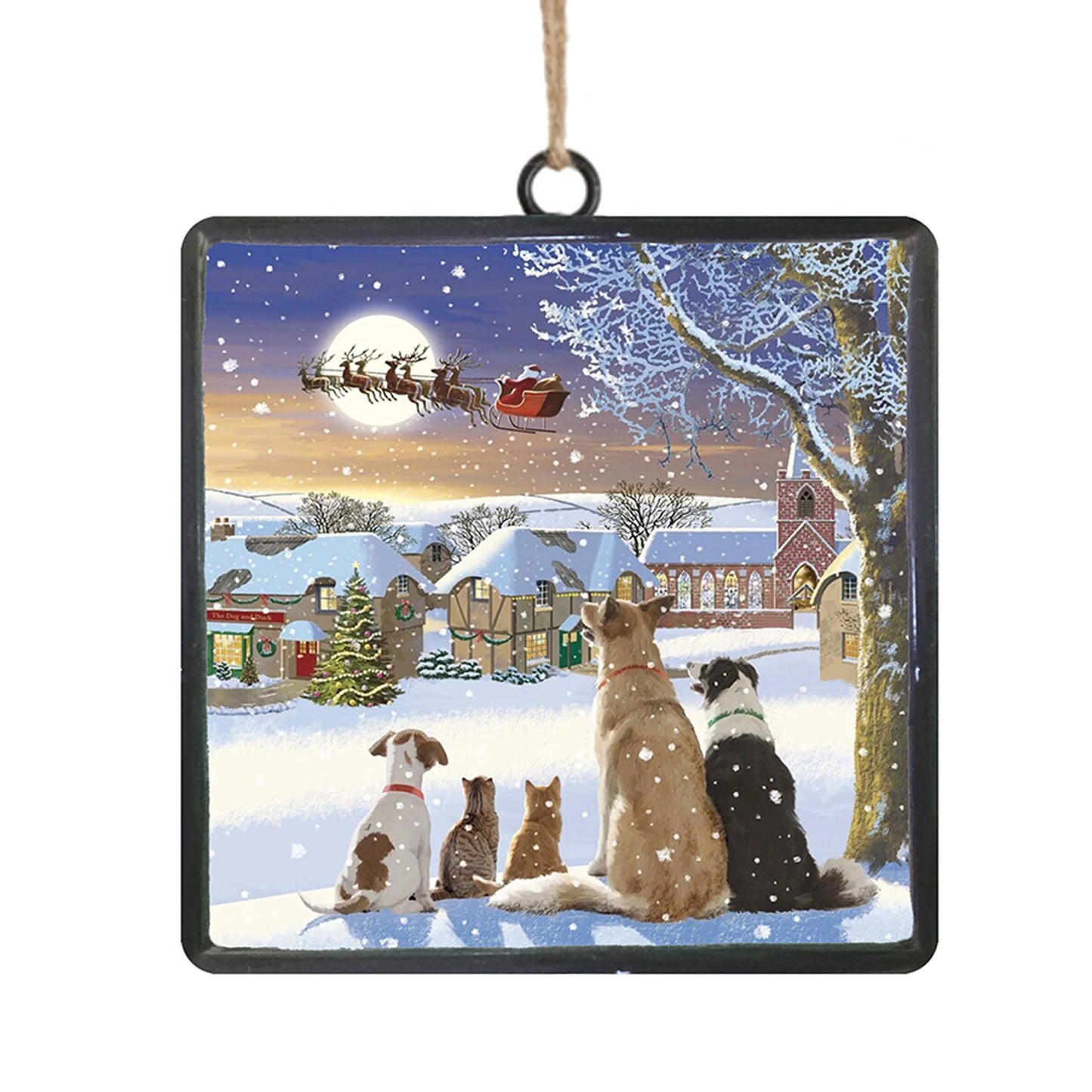 METAL DOGS WATCHING SANTA SLEIGH RIDE NIGHT SCENE