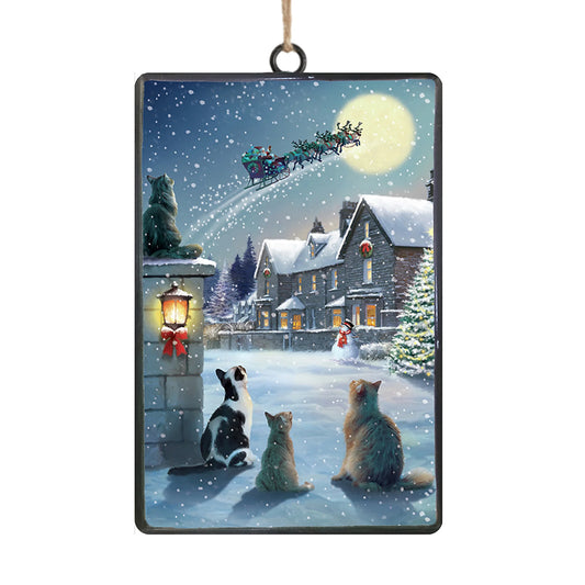 METAL RECTANGULAR 6″ CATS WATCHING SANTA SLEIGH RIDE NIGHT SCENE