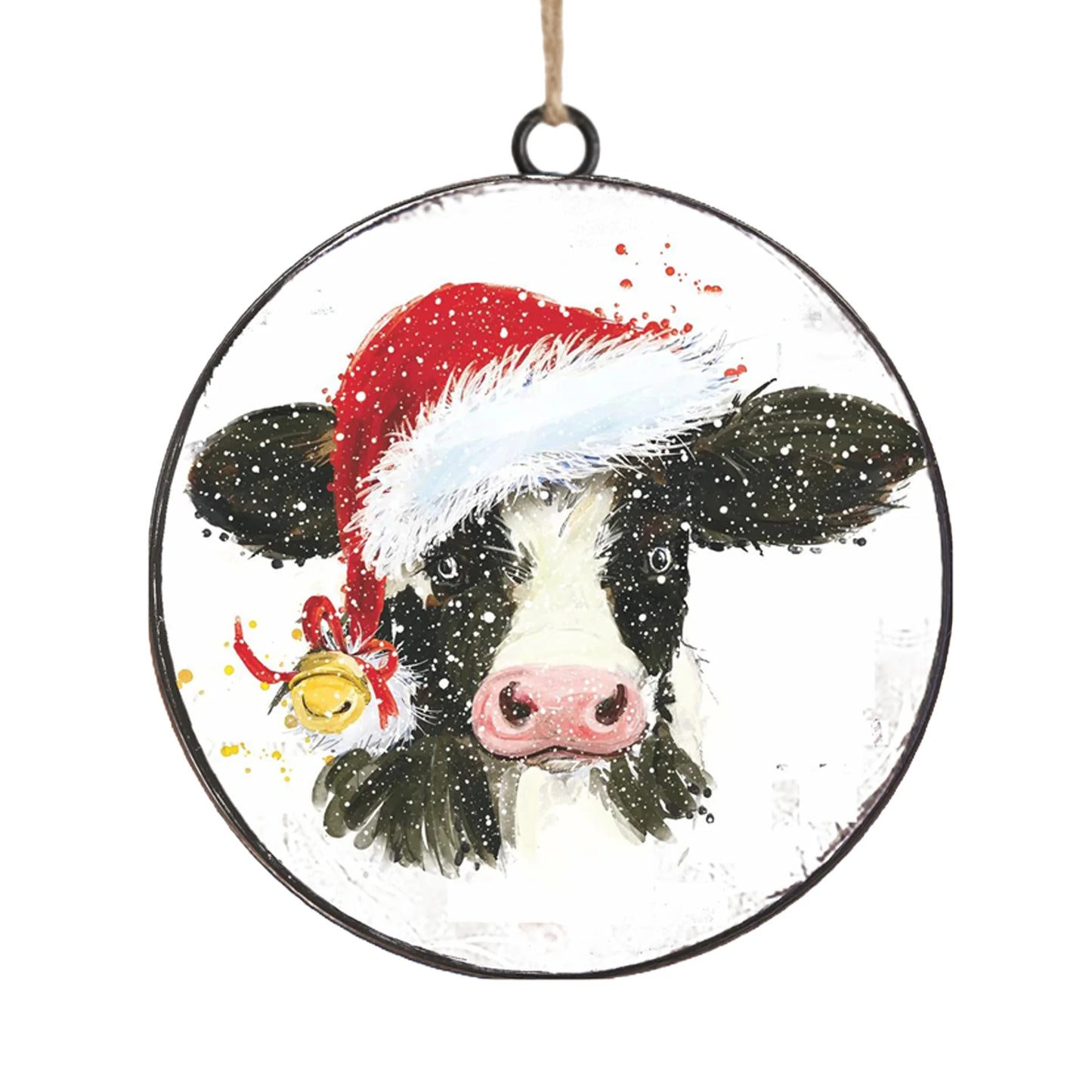 METAL DISC 4" COW IN RED HAT WITH GOLD BELL ORNAMENT
