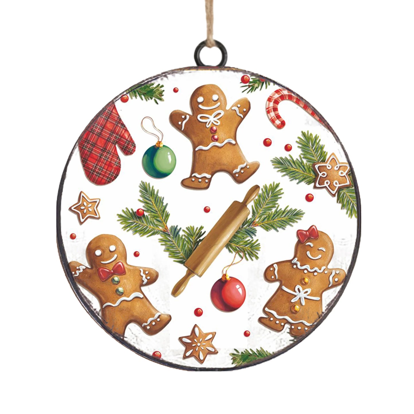 METAL DISC 4" GINGERBREAD COOKIES WITH ROLLING PIN ORNAMENT