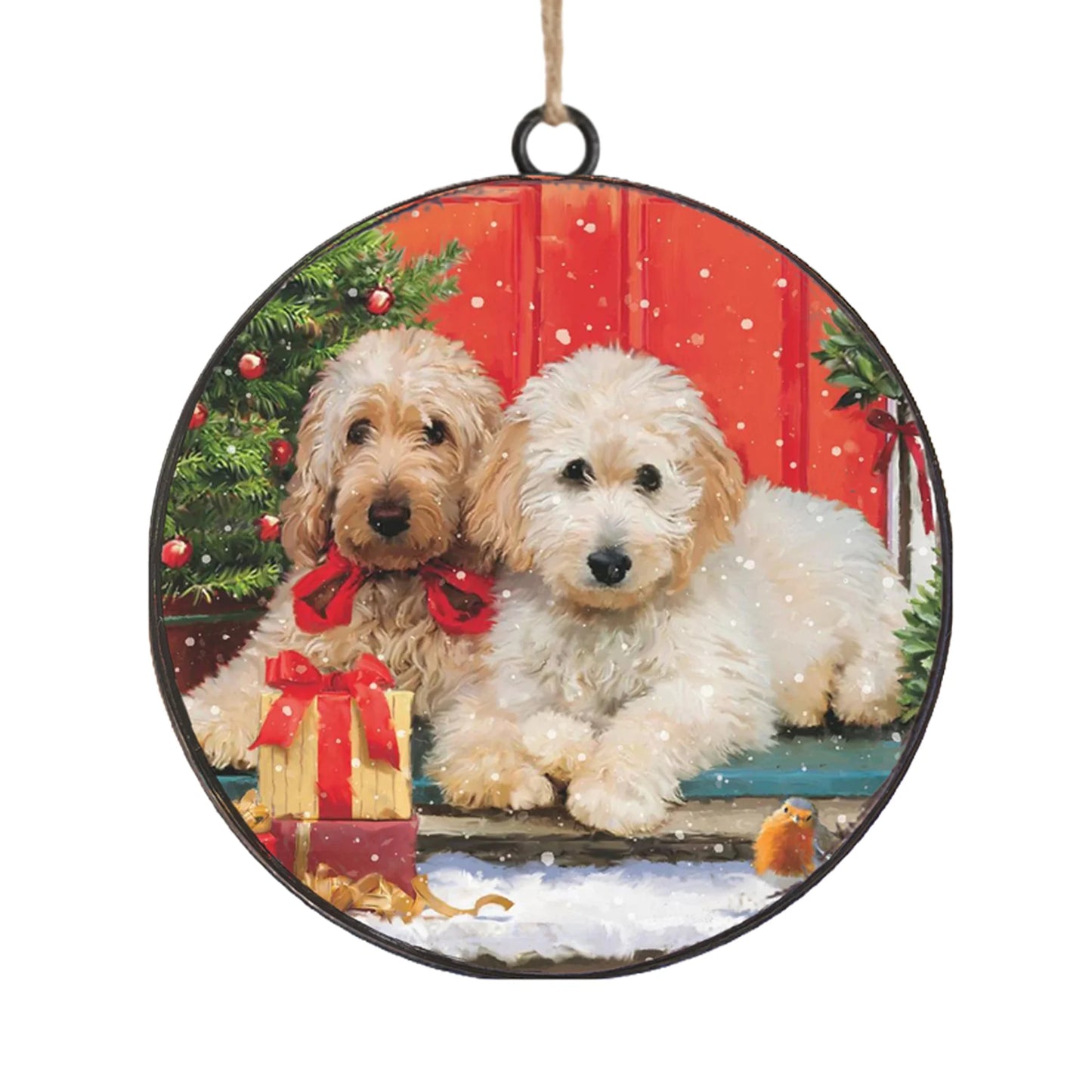 METAL DISC 4" POODLES, TWO FLUFFY DOGS BY CHRISTMAS TREE ORNAMENT